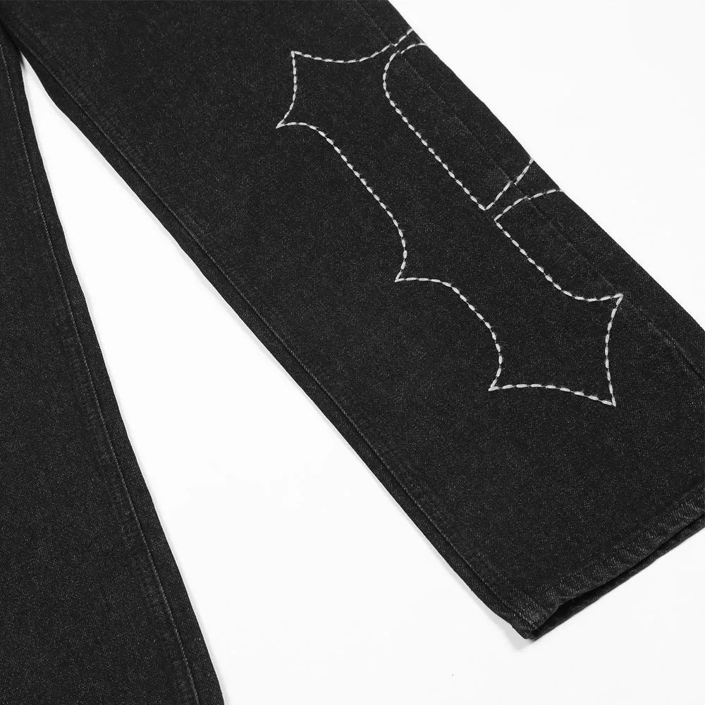 European American Style Letter Embroidered Jeans Straight Trousers Black Cotton Denim Cowboy Fabric No Stretch M L XL 2XL 3XL 4XL