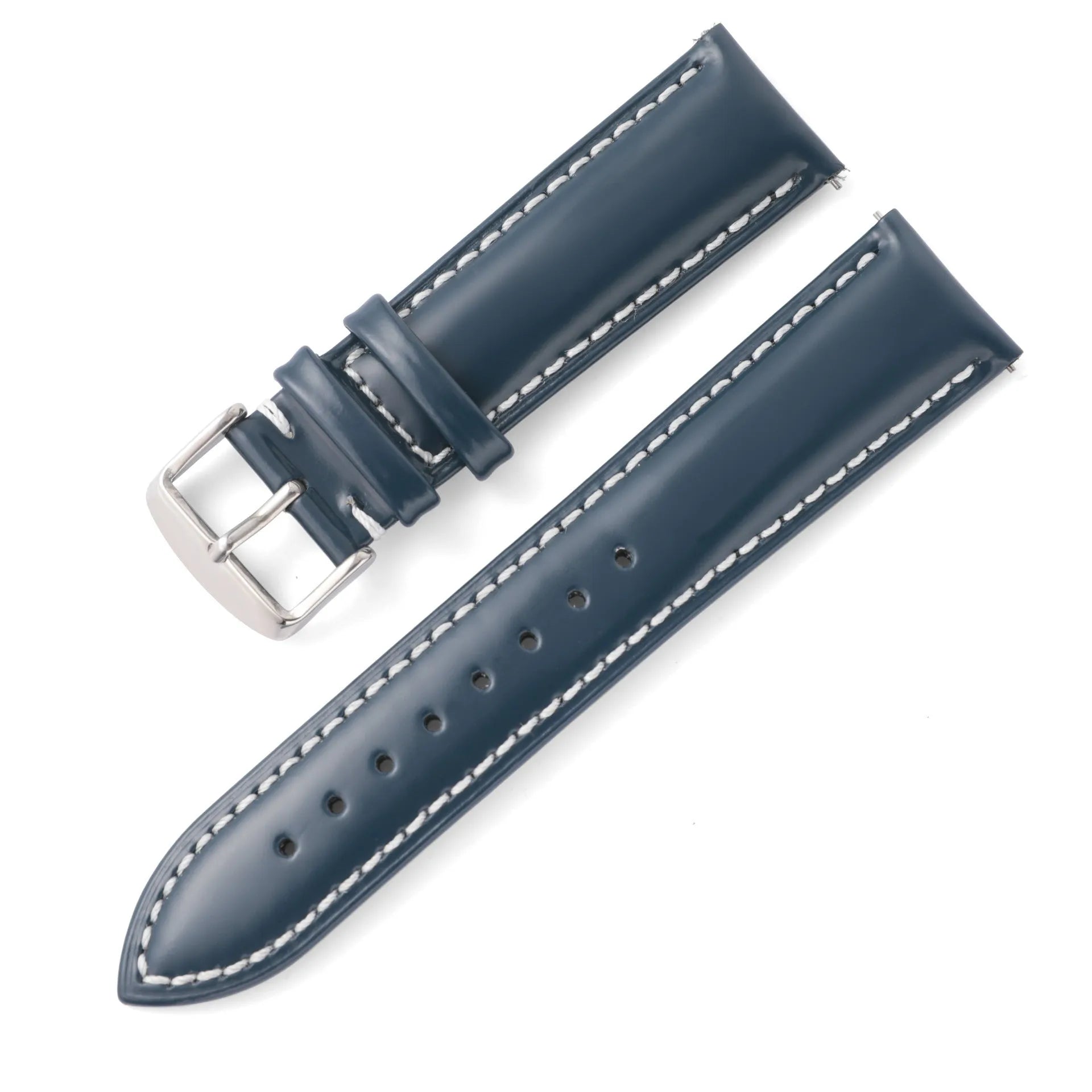 Quick release leather watch strap in bright cowhide, showing colour options and width sizes from 18mm to 22mm.