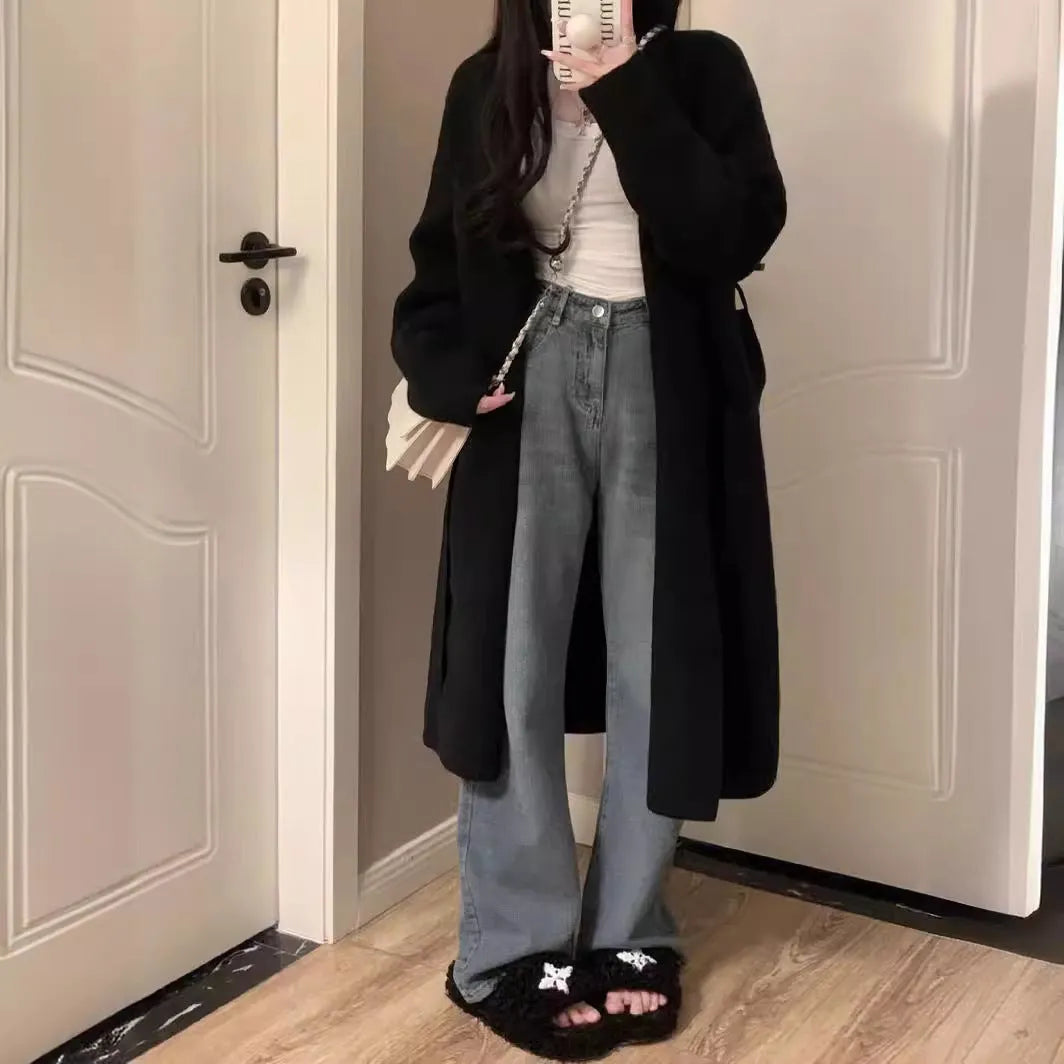 Women's mid-length knitted cardigan V-neck thickened loose fit long sleeve polyester coat in khaki