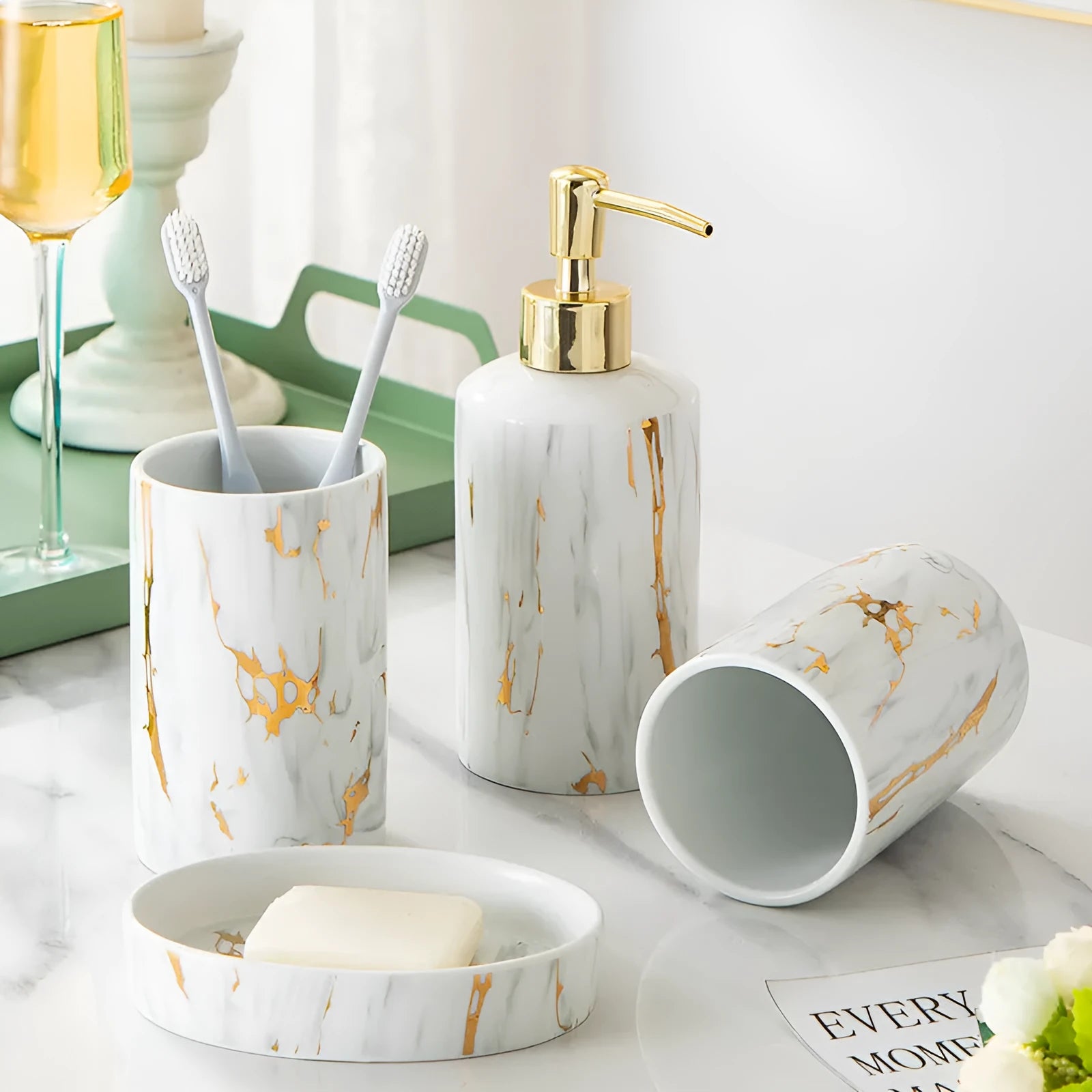 White ceramic bathroom wash set with marble finish showing two cups, soap box, and latex bottle
