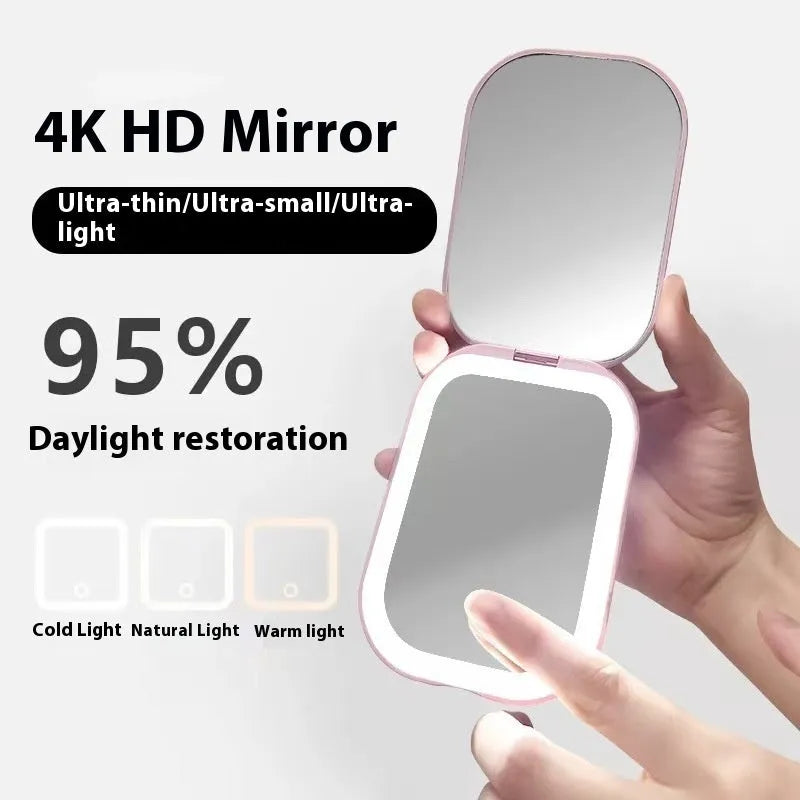 Ultra-thin foldable cosmetic mirror with tricolour light, 10.4x7.5cm HD glass lens, white or pink ABS frame