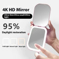 Ultra-thin foldable cosmetic mirror with tricolour light, 10.4x7.5cm HD glass lens, white or pink ABS frame
