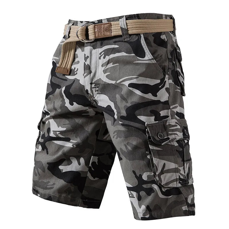 Men's pure cotton camouflage shorts in black and white, fifth-pant length, mid-waist straight-leg cut
