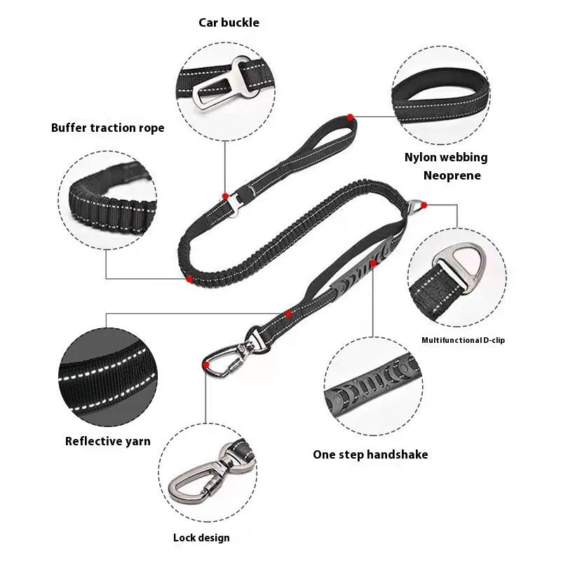 Black retractable reflective nylon traction belt for dogs with hand-held buffer grip