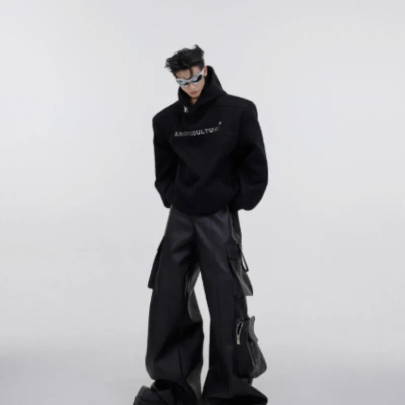 Men's loose hooded sweater with metal three-dimensional printing and structured shoulder pads