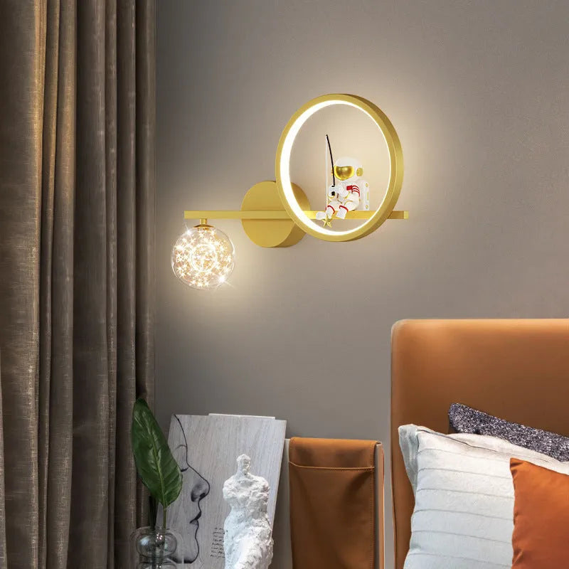 Cartoon astronaut starry sky ball bedside lamp Nordic style 220V children's room lighting white finish