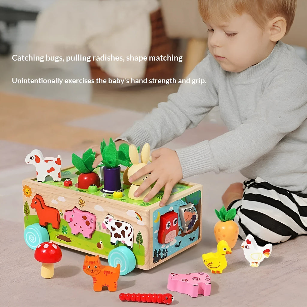 Children's wooden puzzle toy farm animal car with radishes and insects for infants