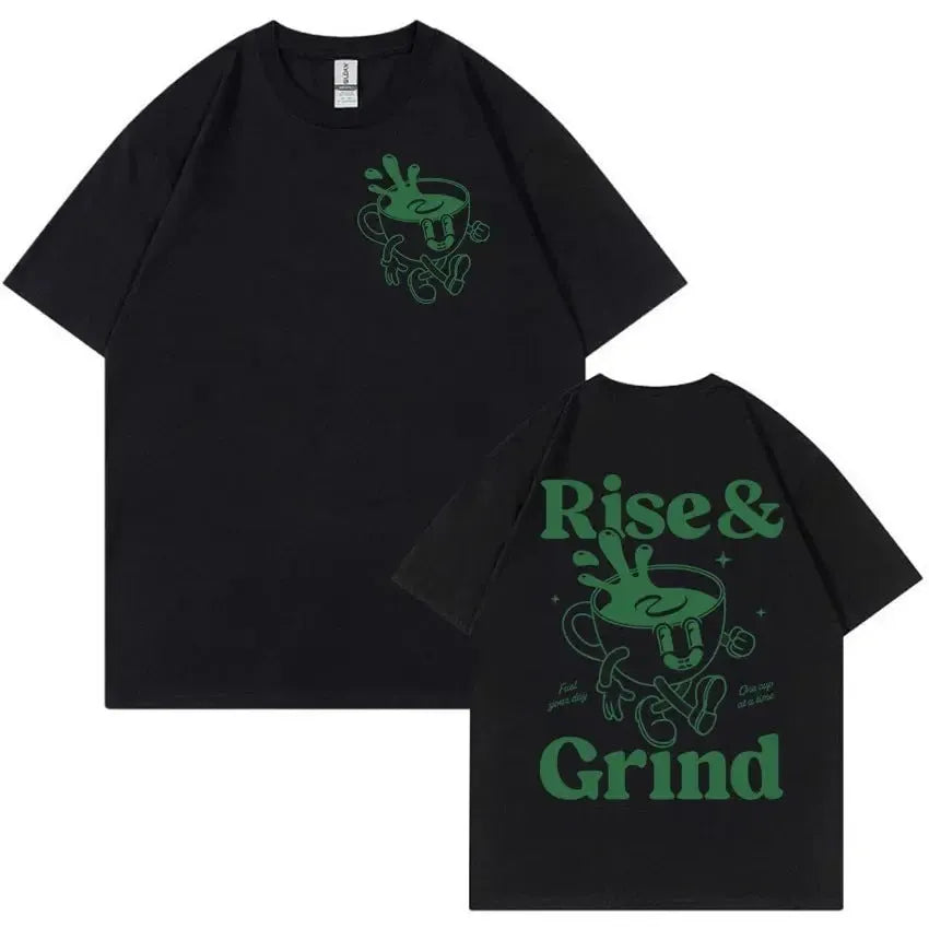 A loose-fit linen T-shirt with a Rise And Grind Green Coffee cartoon print, shown in one of ten available colours.
