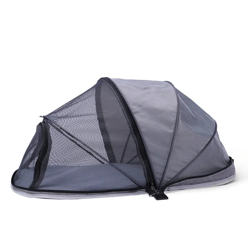 Foldable L code cat tent with half mesh ventilation panels in blue colour option