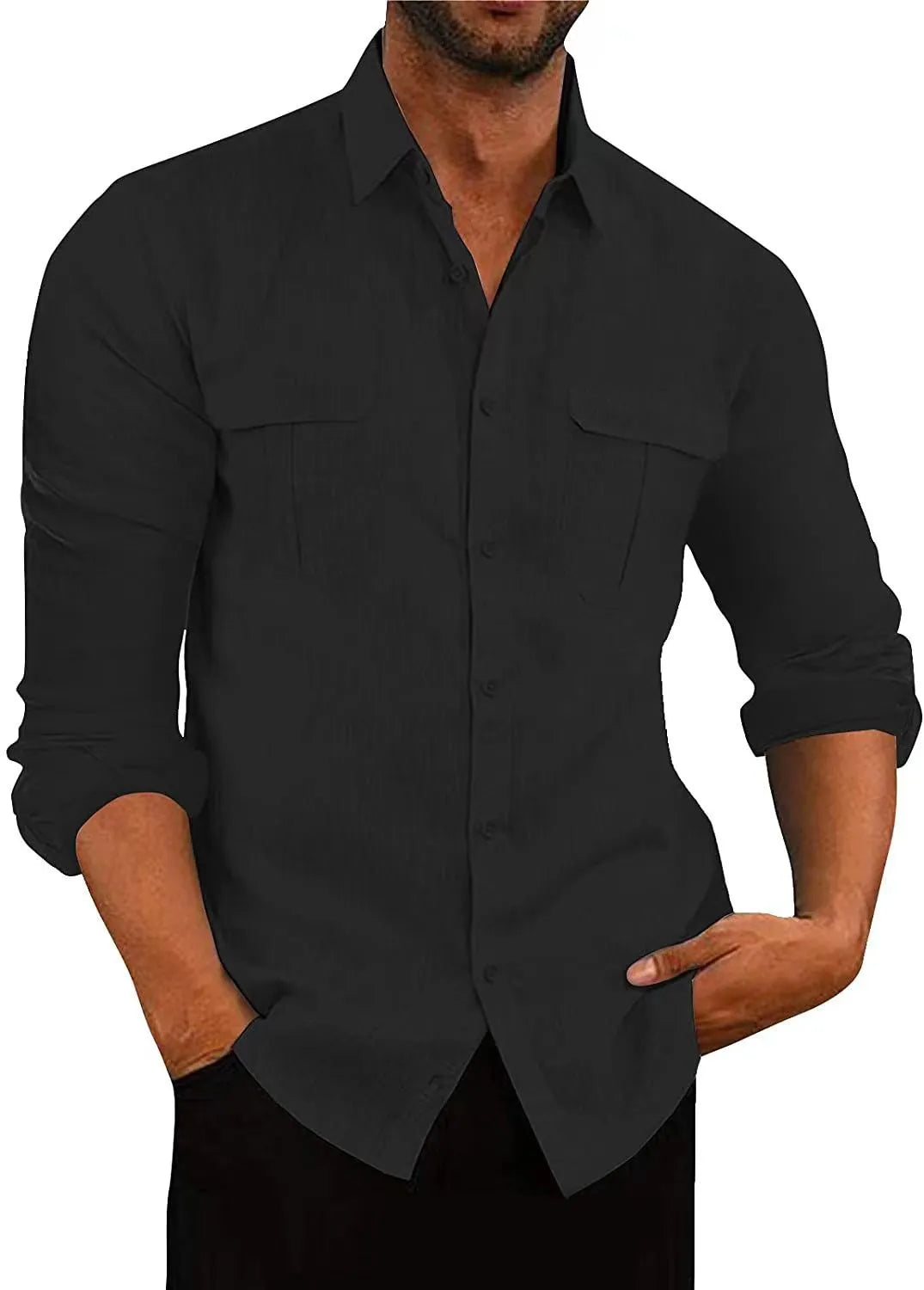 Men's double pocket cotton-linen pullover shirt in loose fit lapel collar style