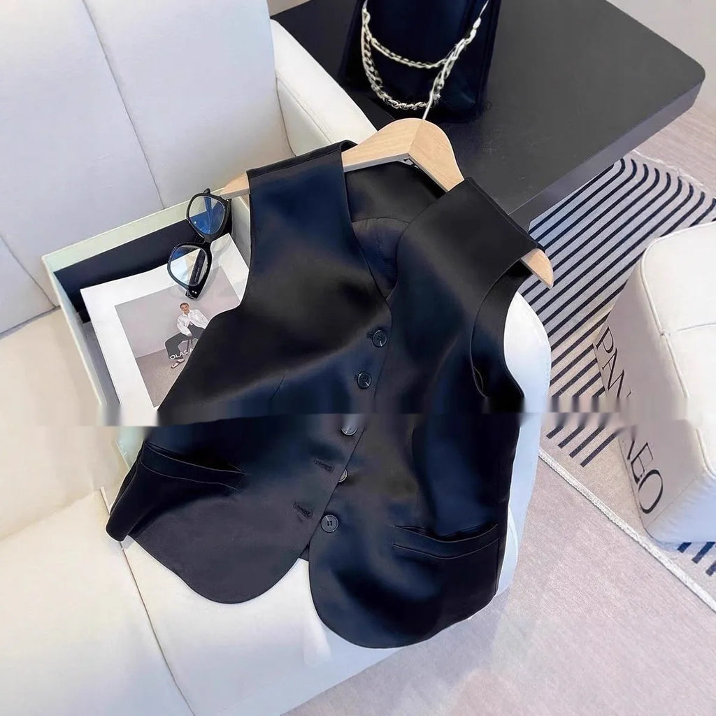 Black satin ladies sleeveless vest with loose fit on a hanger