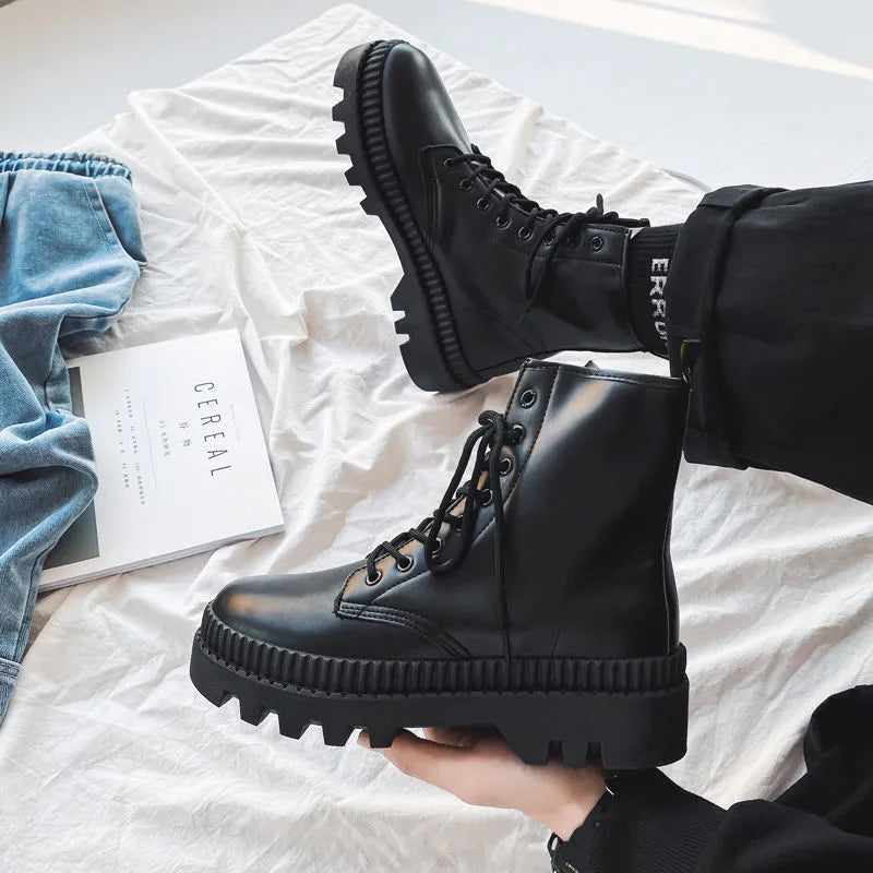 Men's black high-top platform boots with a side zipper, made from frosted cowhide leather.