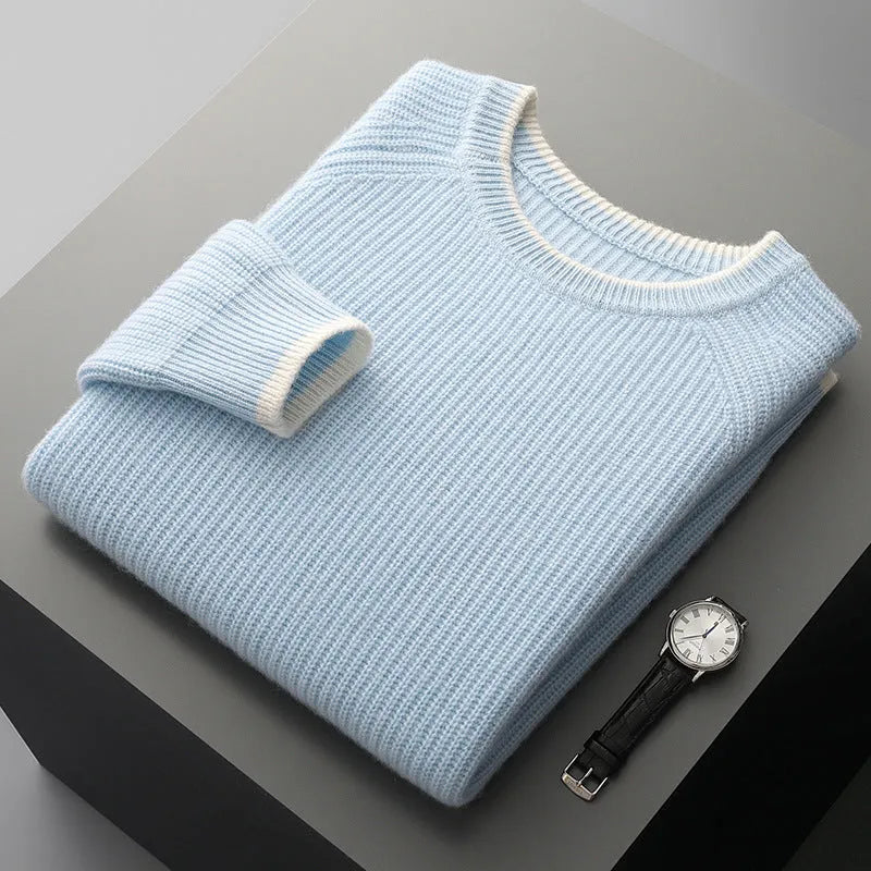 Men wool thickened double-strand round neck sweater in camel, long sleeve knit jumper winter wear