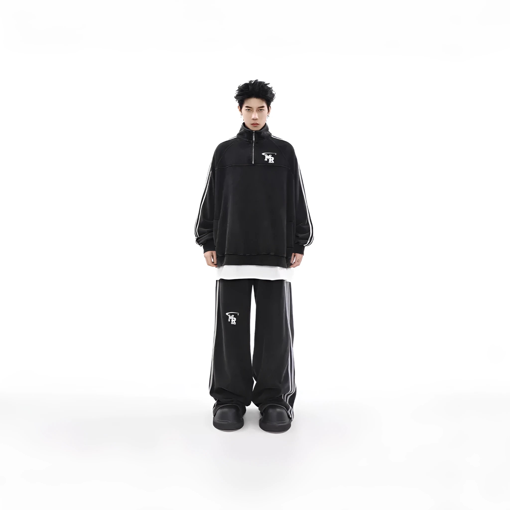 Black Hong Kong style hoodie with stand collar and long sleeves for casual sports wear