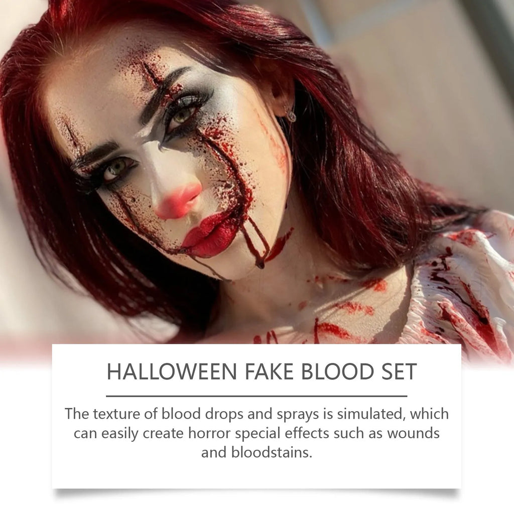 Three-piece washable fake blood kit with 50ml drops, 50ml spray, and 15g soap for special effects makeup.