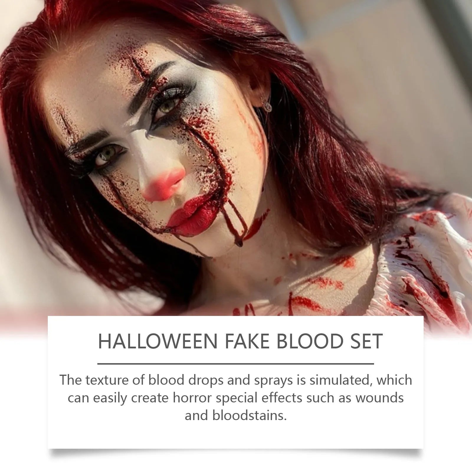 Three-piece washable fake blood kit with 50ml drops, 50ml spray, and 15g soap for special effects makeup.