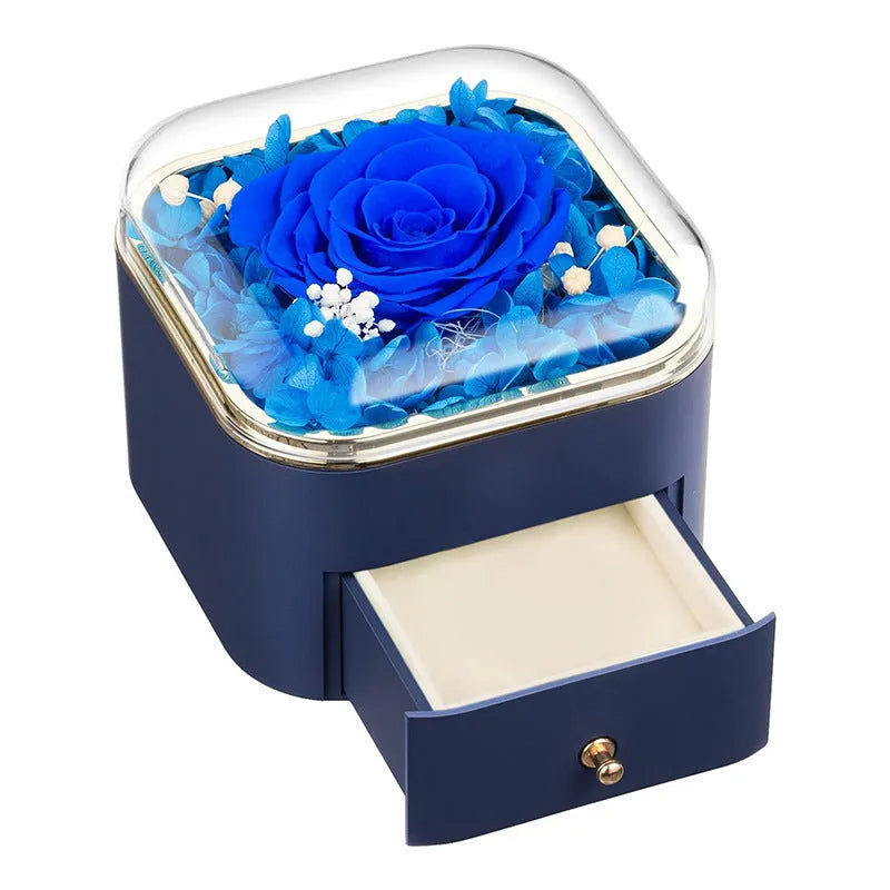 Valentine's Day rose flower drawer jewellery box with preserved real rose and matching love crystal necklace