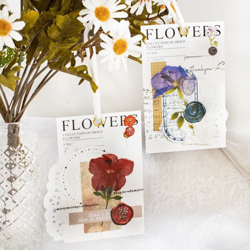 Set of dried flowers artistic stickers for journal decoration showing eight colour designs on 70mm PET sheets