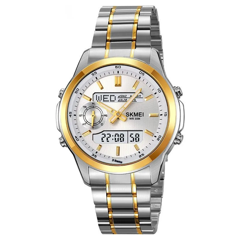 Men's luminous steel strap watch with multifunctional dial in gold finish