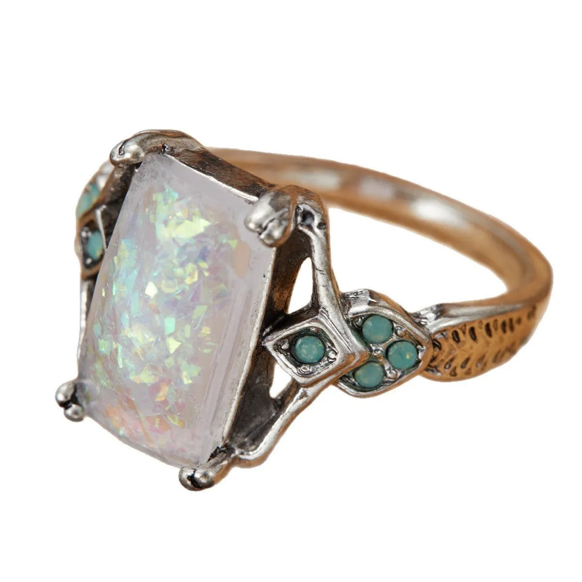 Rectangular white opal ancient silver ring on finger, silver tone, geometric design, alloy