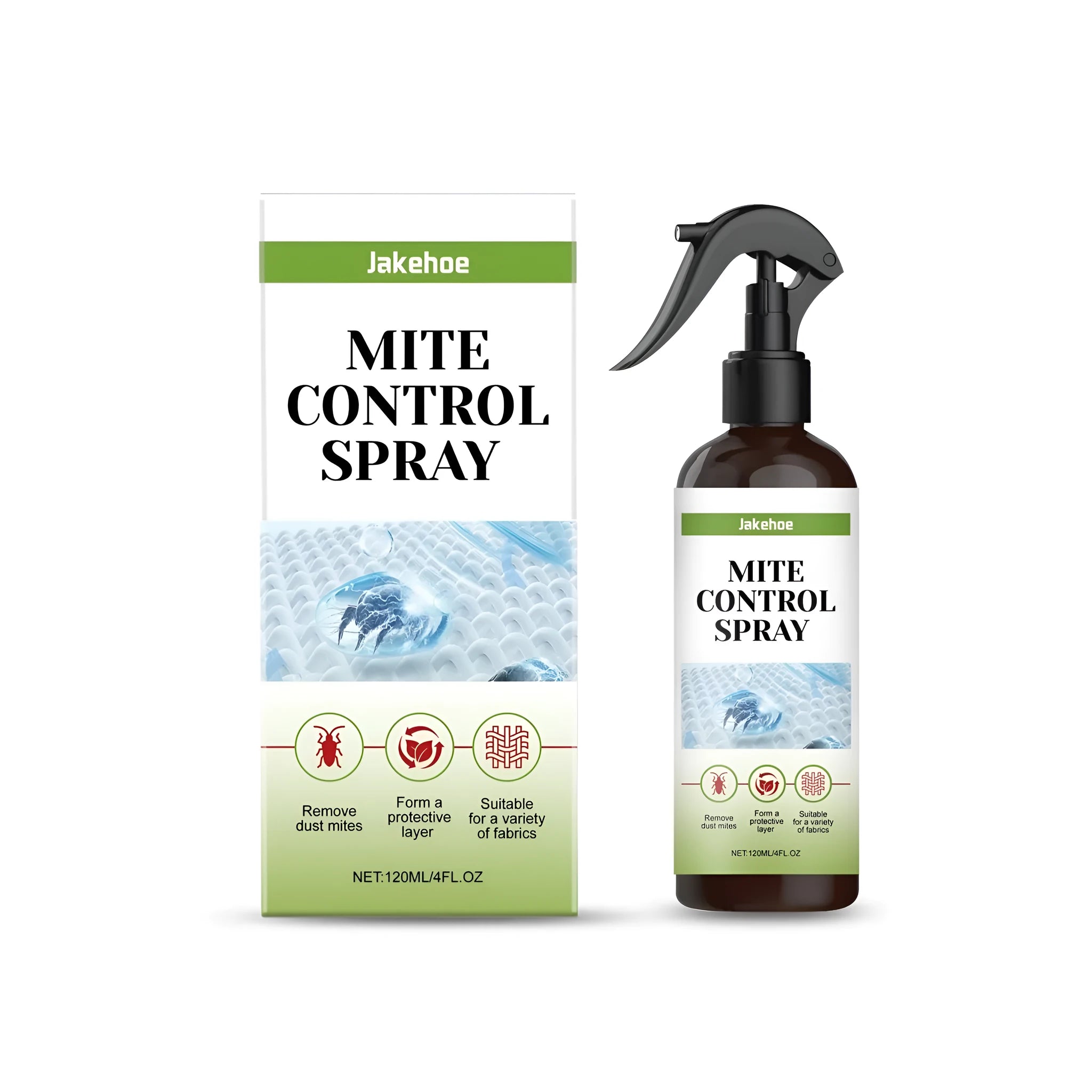120ml bottle of mite control liquid spray with ingredient list including menthol.