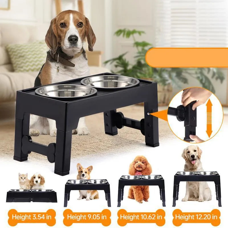 Black pet lifting feeding bowl with anti-tumble base and stainless steel double bowl for medium large dogs