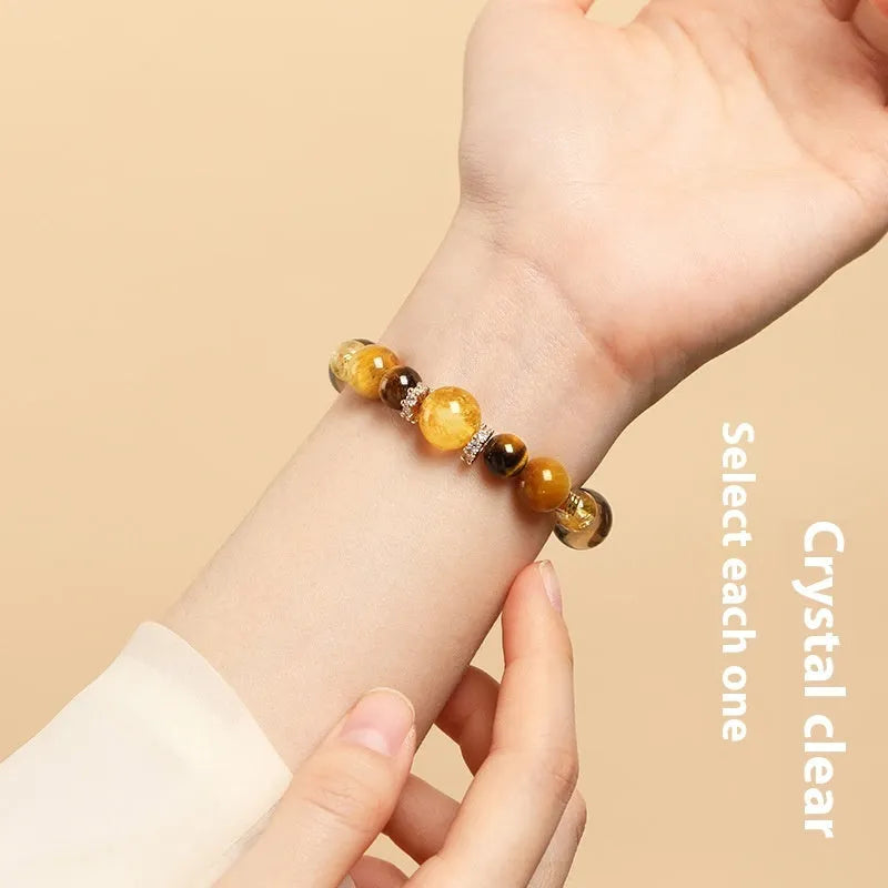 Natural yellow tiger-eye crystal bracelet with geometry pattern and lucky jinba design