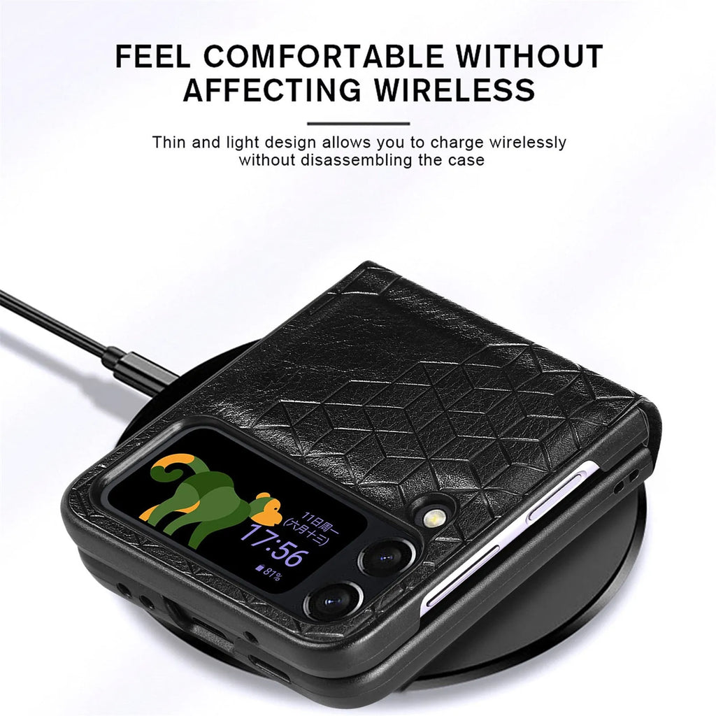 Samsung Z Flip 4 PU leather back cover with rhombus pattern in black, brown, blue, green, and red