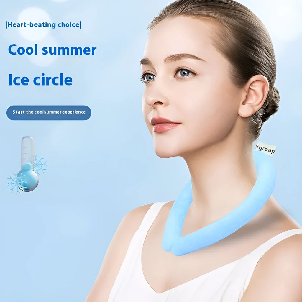PVC cooling neck ice ring for outdoor sports in blue, showing neck-worn design for heatstroke prevention.