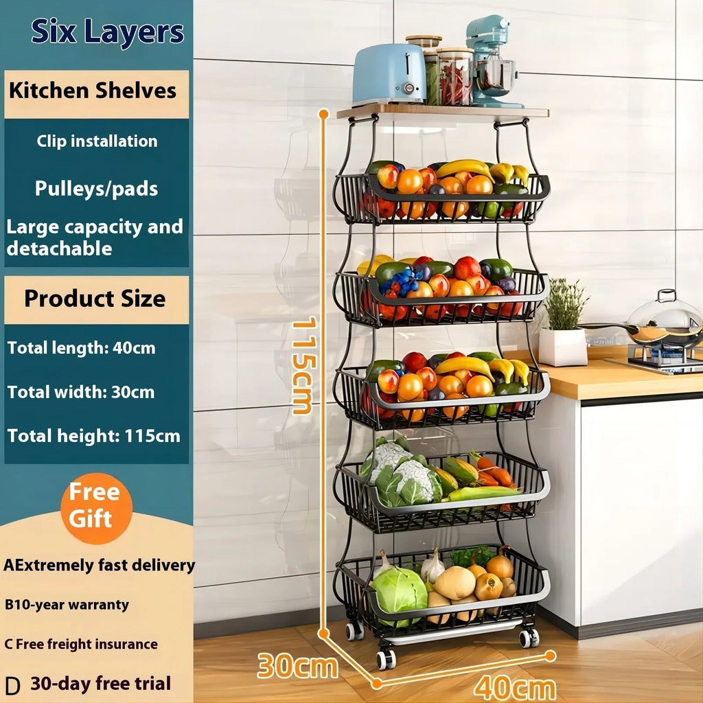 Black six layer freestanding foldable kitchen storage rack trolley with detachable shelves