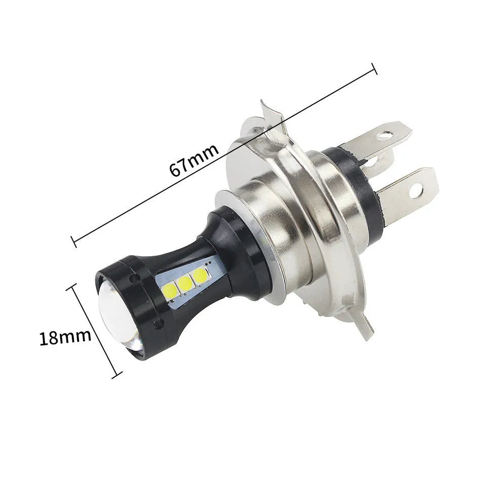 H4 two-color LED motorcycle headlight bulb with aluminium body and glass lens