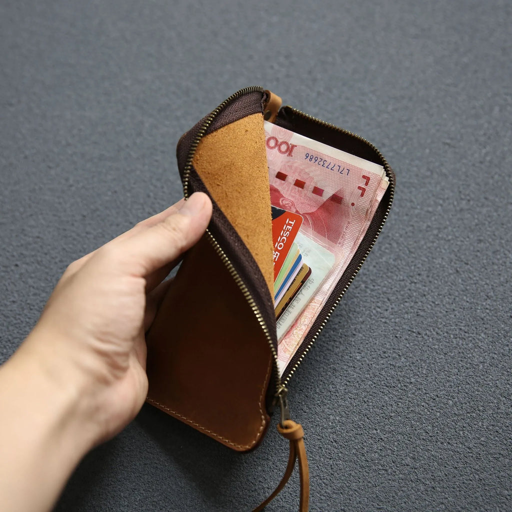 Men's genuine leather wallet with zipper, top layer cowhide, dark brown Crazy Horse finish, 18 cm length