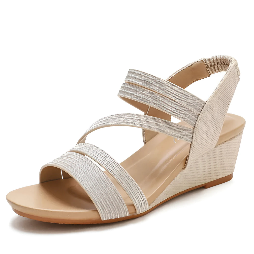 Women's platform sandals with soft leather bottom and middle heel in gold, grey, or pink