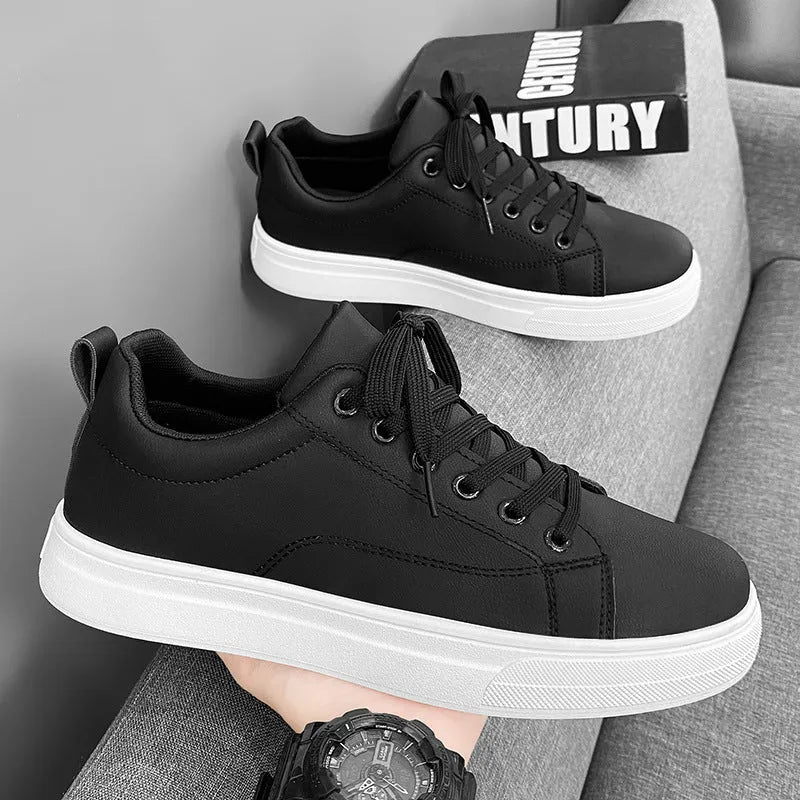 Men's low-top casual sneakers in white, black, and black with white bottom colour options.