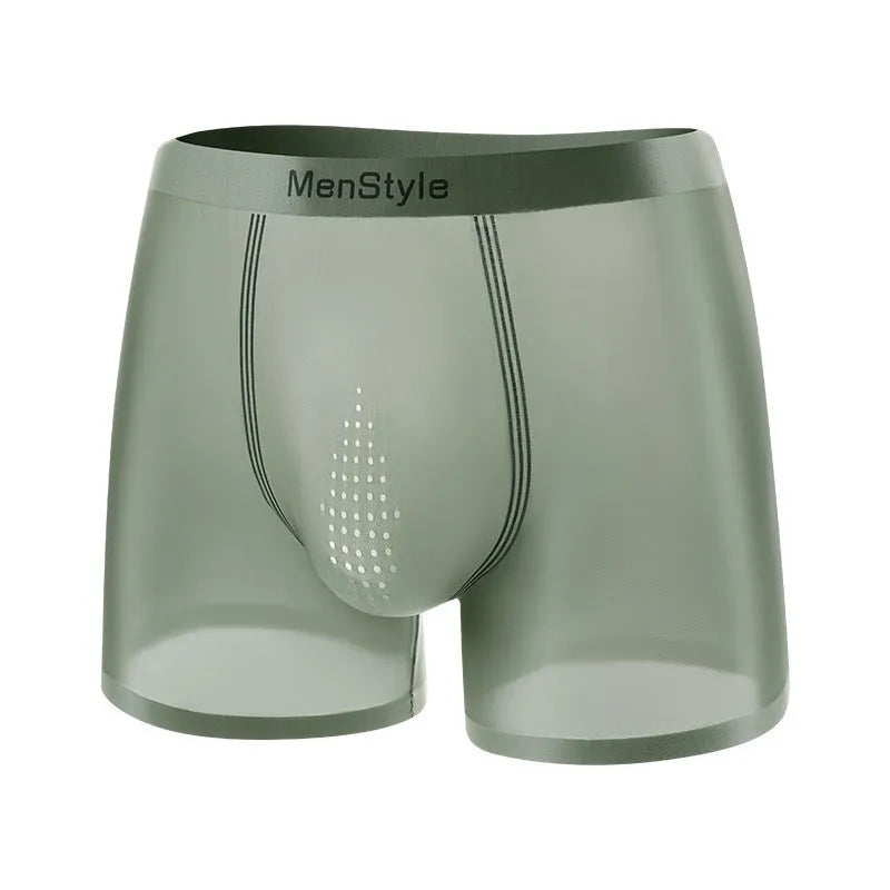 Men's seamless satin ice silk boxer shorts in a mid-waist design shown in bare skin colour.