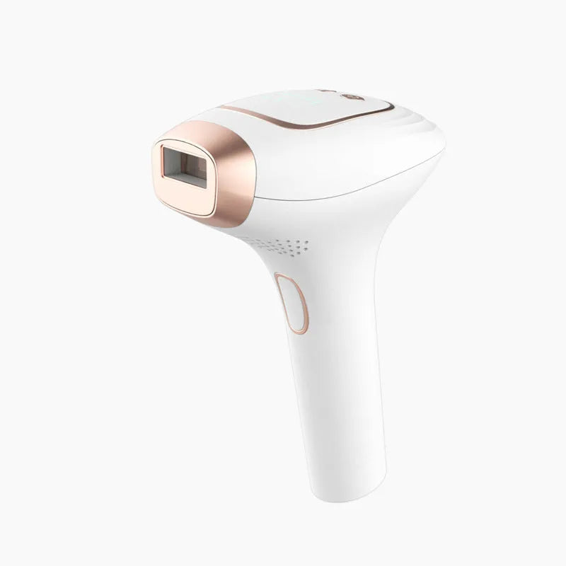 Pink and white three-in-one ice-sensing laser hair removal device with shaver attachment and glasses