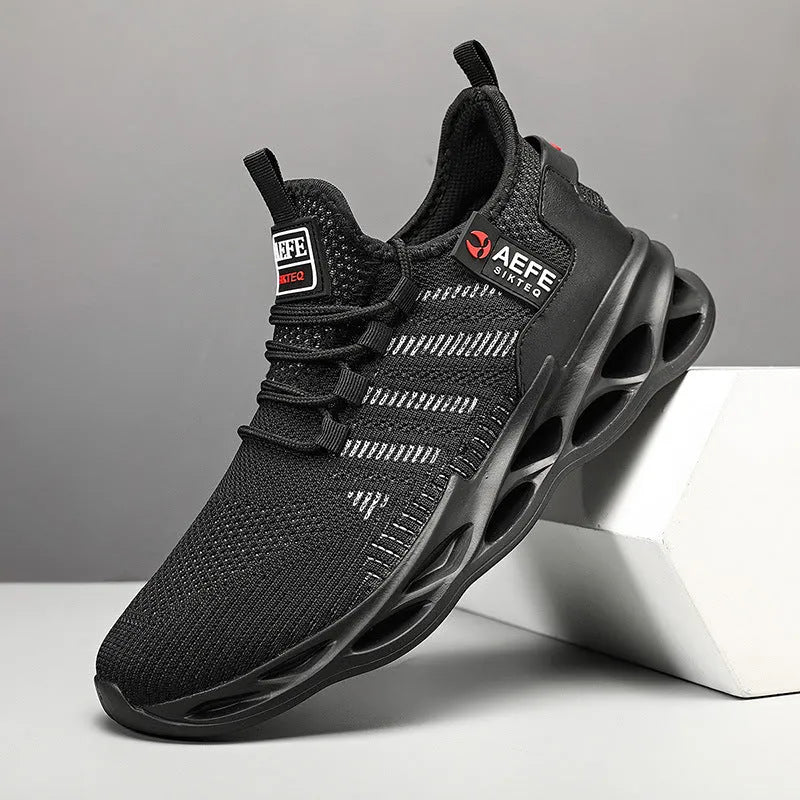 Men's black mesh casual running shoes with cross straps and round toe on a white background