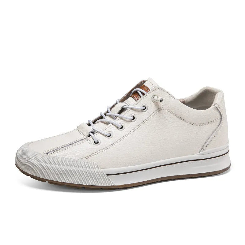 Men's white matte leather flat shoes with round toe and 6CM heel