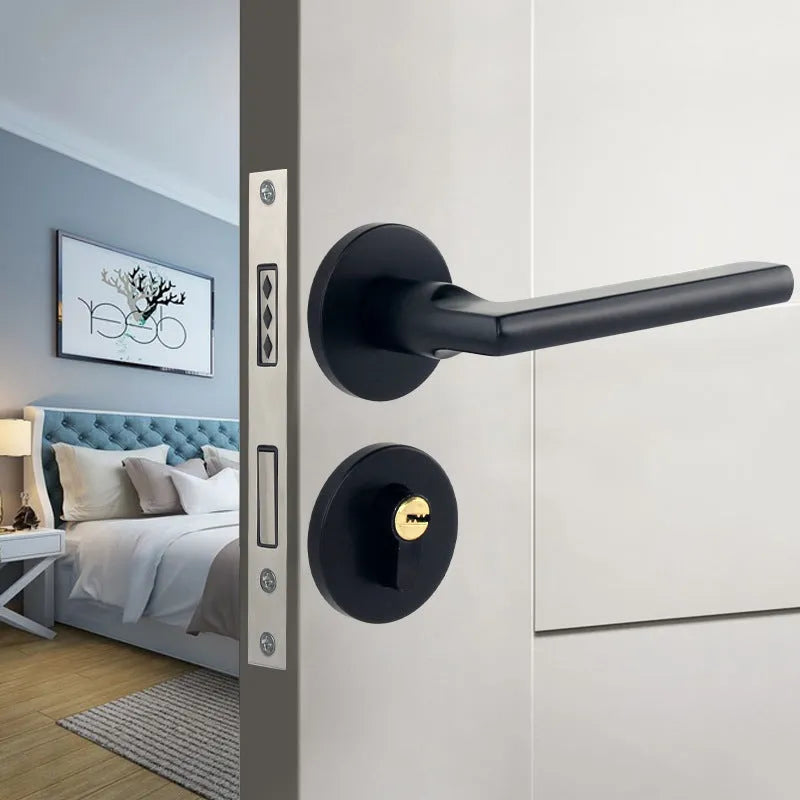Aluminium alloy indoor split magnetic door lock handle for timber doors in black finish.