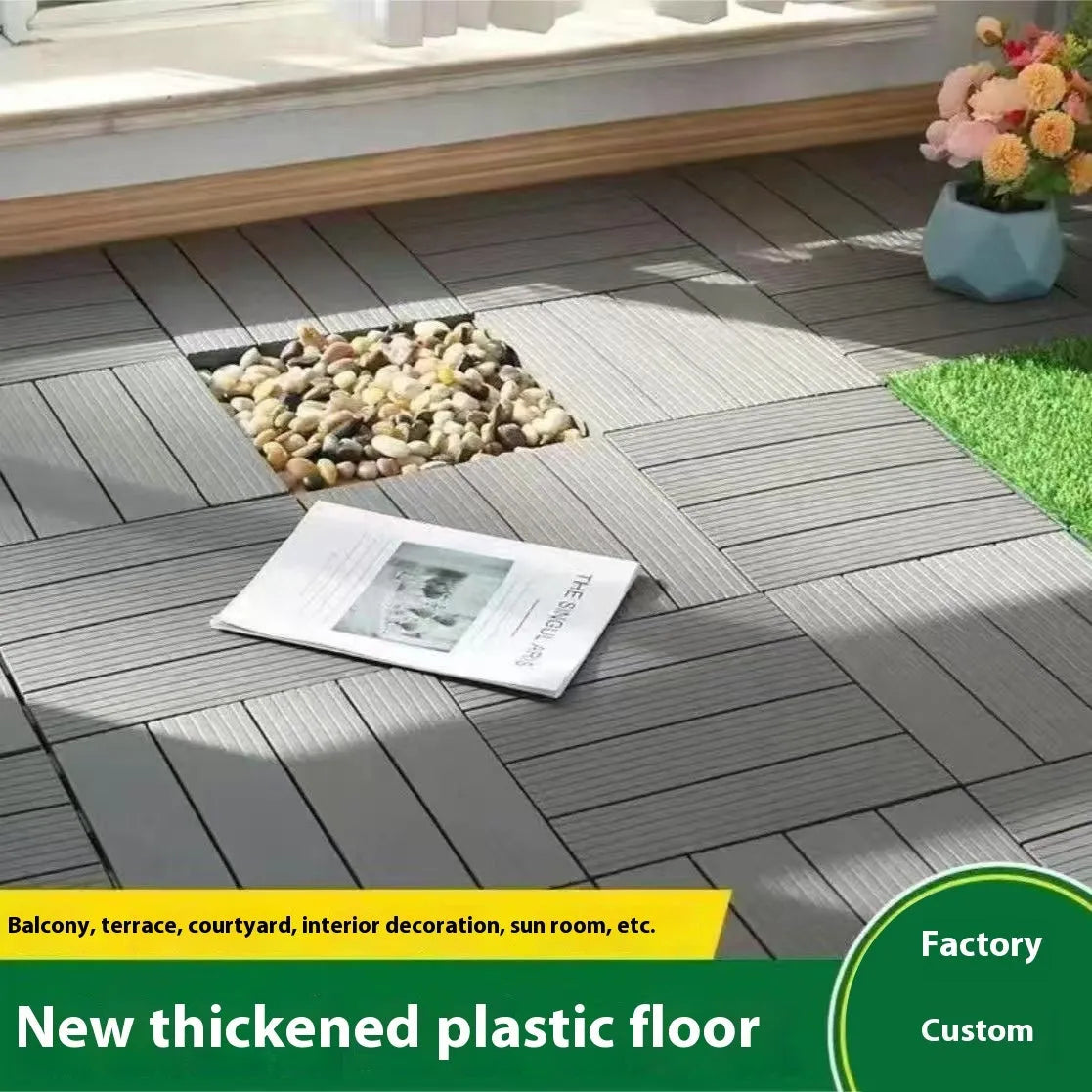 Ten wood grain plastic floor tiles stacked, showing dark grey and light grey colour options with non-slip texture.
