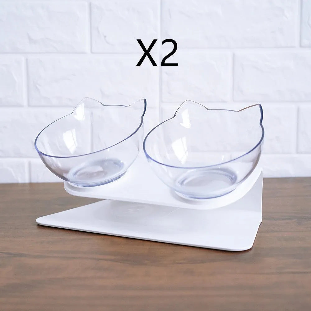 Non slip double cat bowl with raised stand transparent plastic pet feeder for dogs and cats