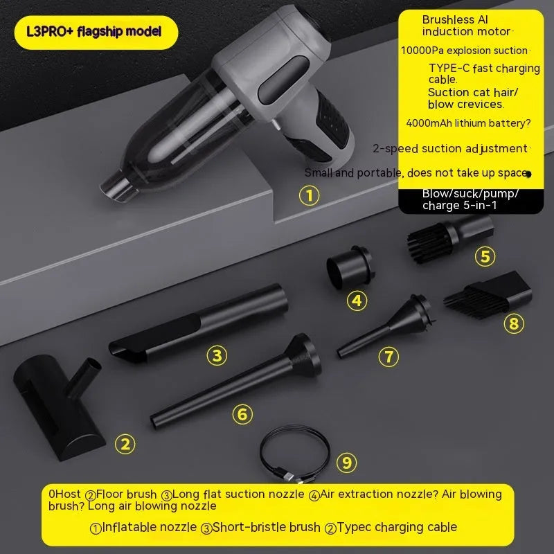 Black cordless handheld car vacuum cleaner with attached brush nozzle and charging cable.