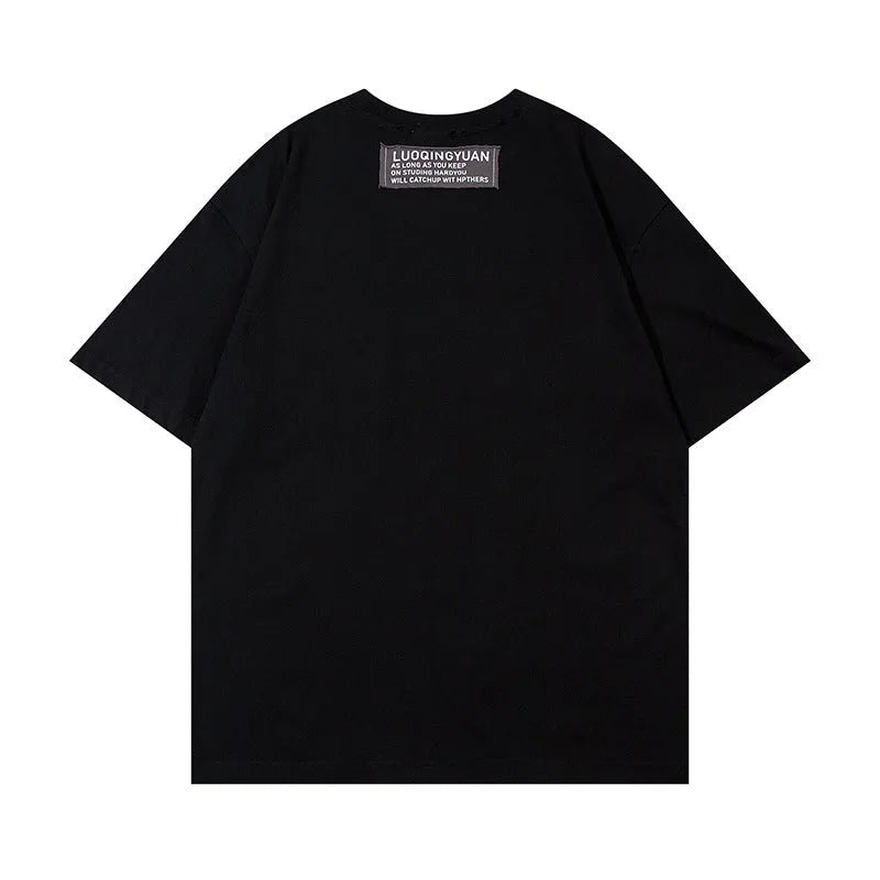 Letter affixed cloth embroidered printed short sleeve men's cotton t-shirt in black front view
