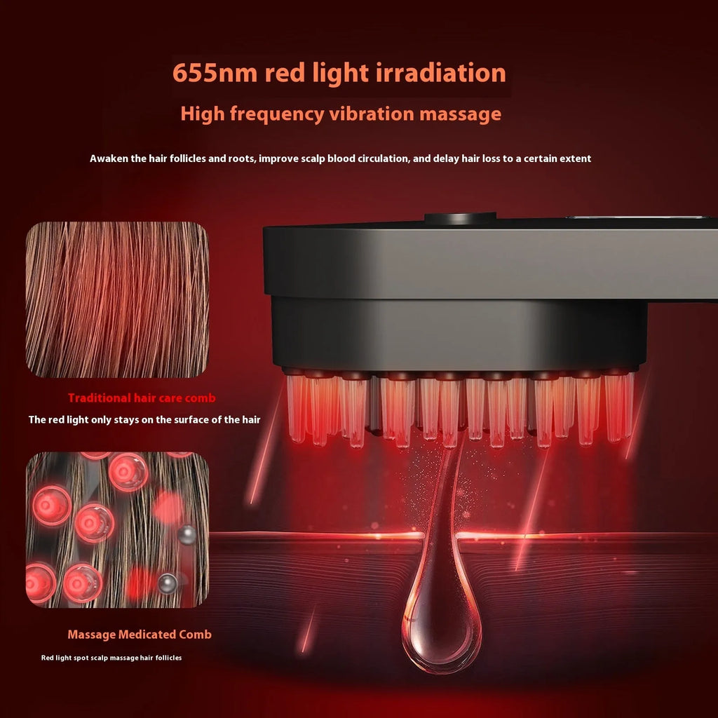 Pink and black smart massage comb with red light therapy for hair care, shown next to a ruler under 10cm.