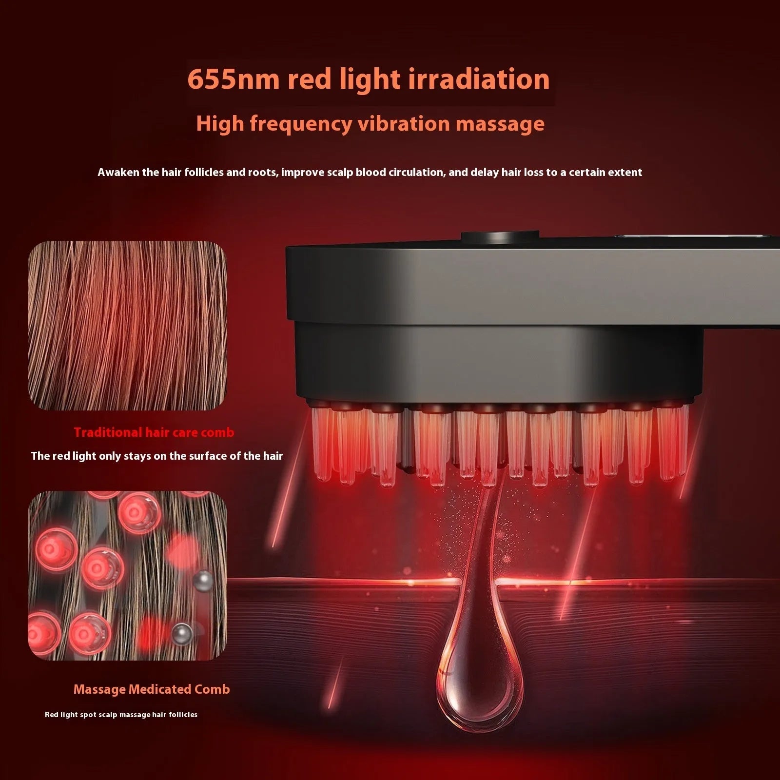 Pink and black smart massage comb with red light therapy for hair care, shown next to a ruler under 10cm.