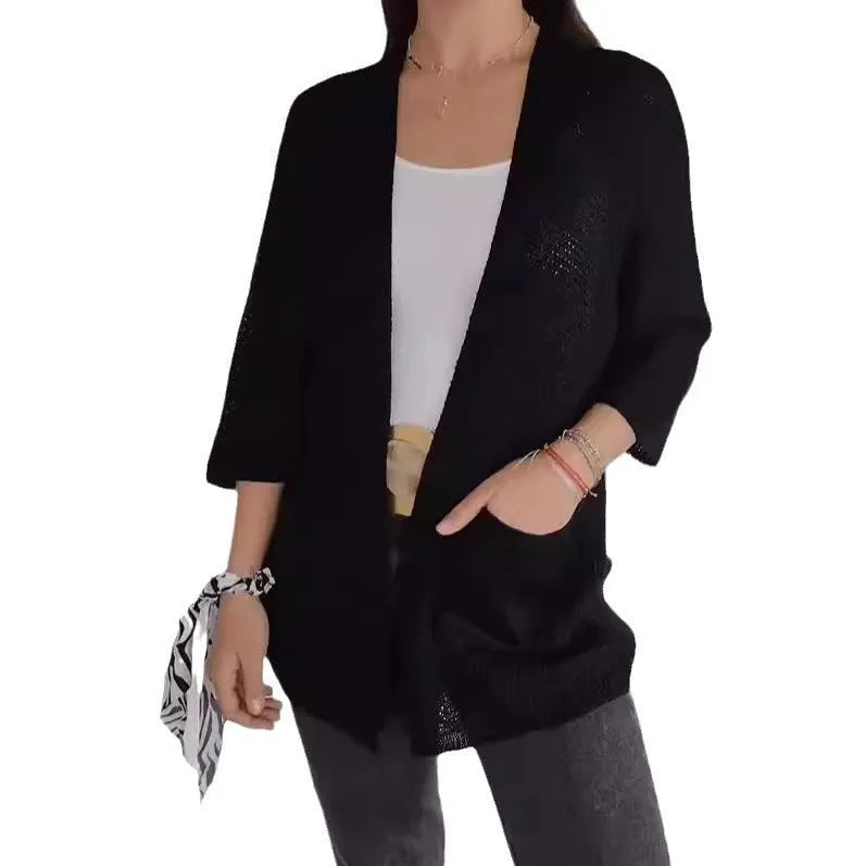 Women's waffle-textured cardigan coat with nine-quarter sleeves in army green colour