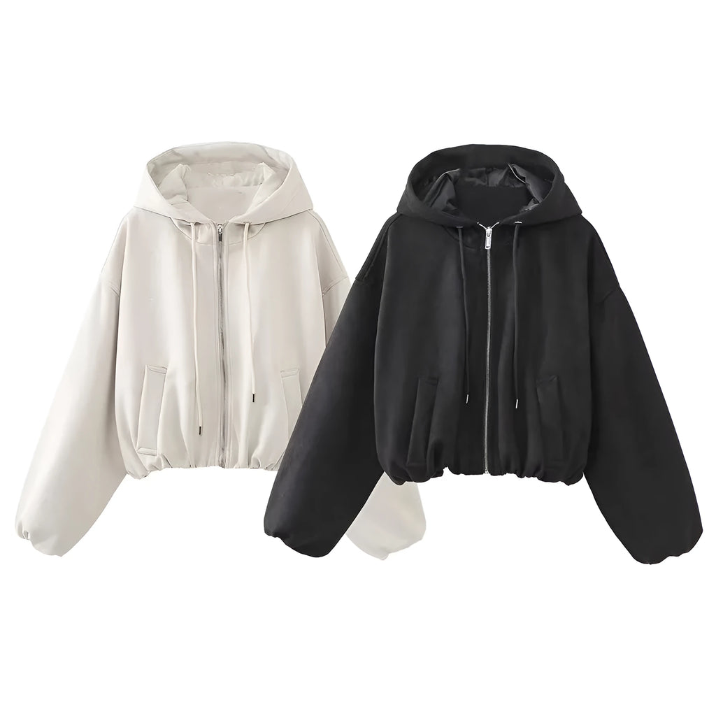 Women's casual suede hooded jacket in black with a zip front closure