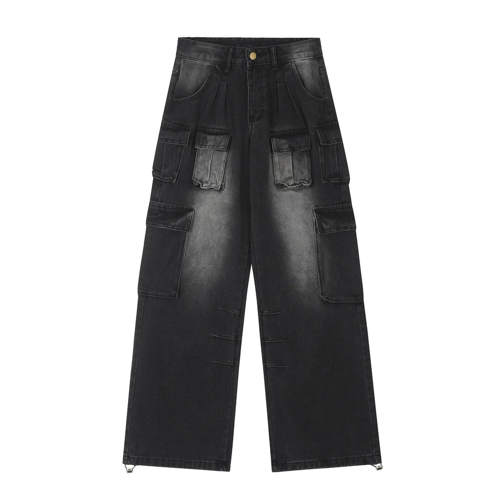 Loose-fit distressed denim pants with multiple pockets in light blue wash, straight-leg street style