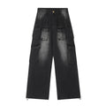 Loose-fit distressed denim pants with multiple pockets in light blue wash, straight-leg street style