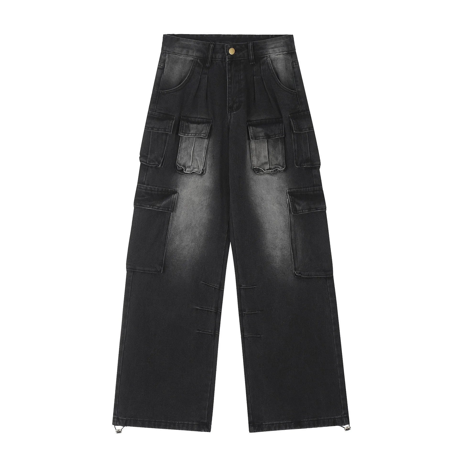 Loose-fit distressed denim pants with multiple pockets in light blue wash, straight-leg street style